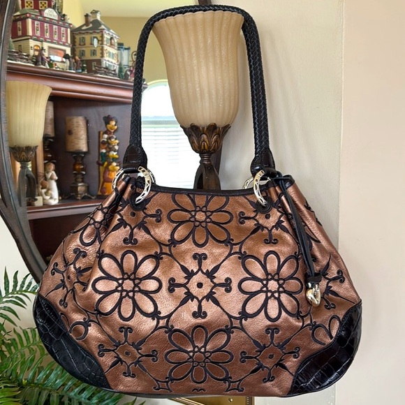 Brighton Genuine Leather Embroidered Floral Metallic Bronze Shoulder Bag Purse - Picture 1 of 16